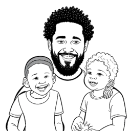 Um desenho em arte de linha preta e branca de Adel Tawil passando um tempo de qualidade com seus filhos, envolvendo-se em atividades educacionais e musicais e explorando novas cidades em busca de inspiração.