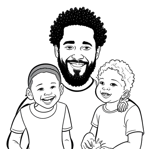 Um desenho em arte de linha preta e branca de Adel Tawil passando um tempo de qualidade com seus filhos, envolvendo-se em atividades educacionais e musicais e explorando novas cidades em busca de inspiração.