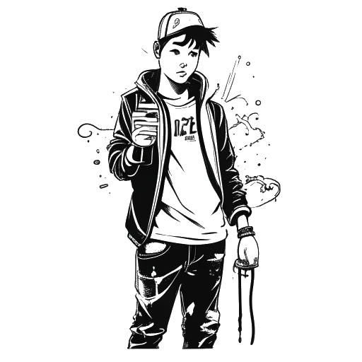 A black and white line art drawing of a teenager representing Adel Tawil, holding graffiti spray cans and creating vibrant street art on walls.