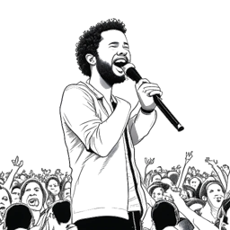 A black and white line art drawing of Adel Tawil performing on stage, holding a microphone, with the crowd cheering in excitement.