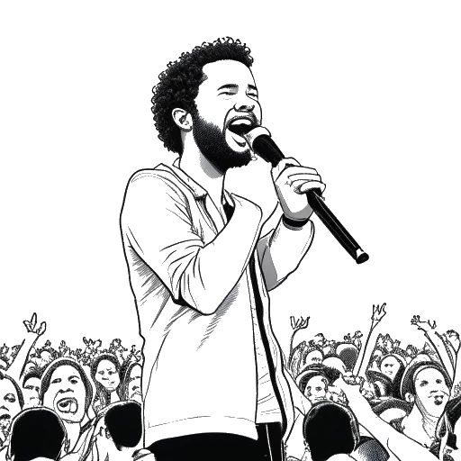 A black and white line art drawing of Adel Tawil performing on stage, holding a microphone, with the crowd cheering in excitement.