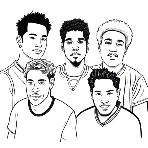 Line art drawing of a cohort of young men, among them Adel Tawil, emblematic of his time as part of the late 90's boy band The Boyz, against a white setting.