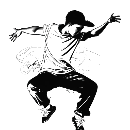 Dibujo de arte lineal de un joven Adel Tawil haciendo breakdance, representando su pasión por el hip-hop, con un muro de graffiti y notas musicales en el fondo, sobre un fondo blanco.