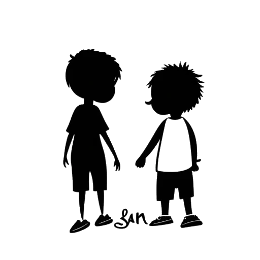 Silhouette in bianco e nero di due bambini etichettati 'Sarah' e 'Leon', simboleggianti i figli di Adel Tawil, su una base bianca immacolata.
