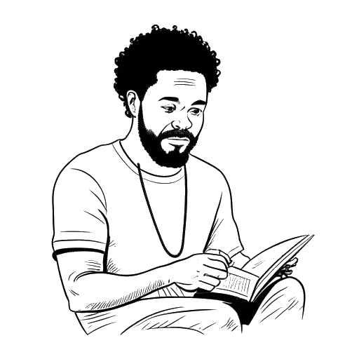Line art capturing Adel Tawil engrossed in a book, engaging in sport, and traversing new locales, reflecting leisure pursuits in his free time, all placed within a white context.