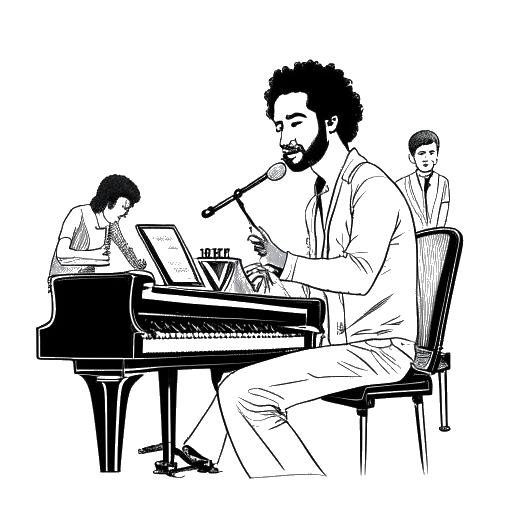Representação em arte de linha de um jovem Adel Tawil dominando o piano, saxofone, bateria e treinamento vocal, indicativo de sua jornada musical começando aos sete anos de idade, em um fundo branco.
