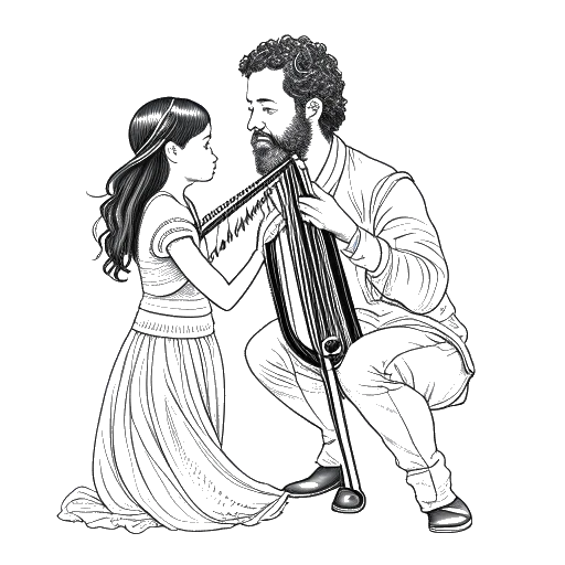 Desenho em arte de linha de Adel Tawil com uma harpa e um trompete, inspirado pela presença de sua filha, significando sua incursão em novos domínios musicais, apresentado em um domínio branco.