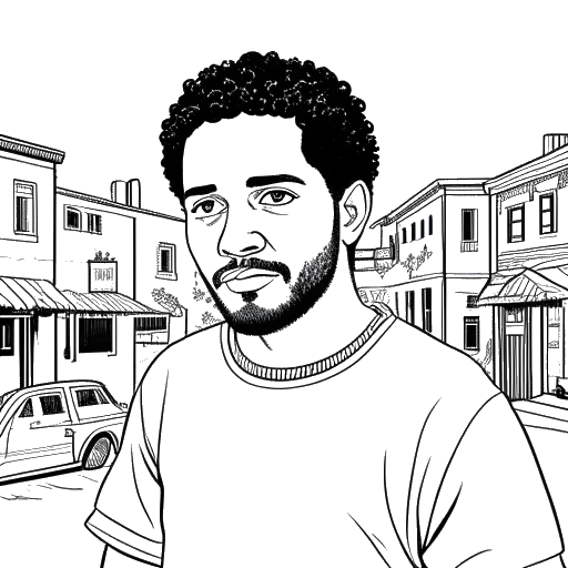 Line art drawing of a working-class neighborhood, representing Adel Tawil's upbringing, with a depiction of a young Adel Tawil in the foreground, against a white backdrop.