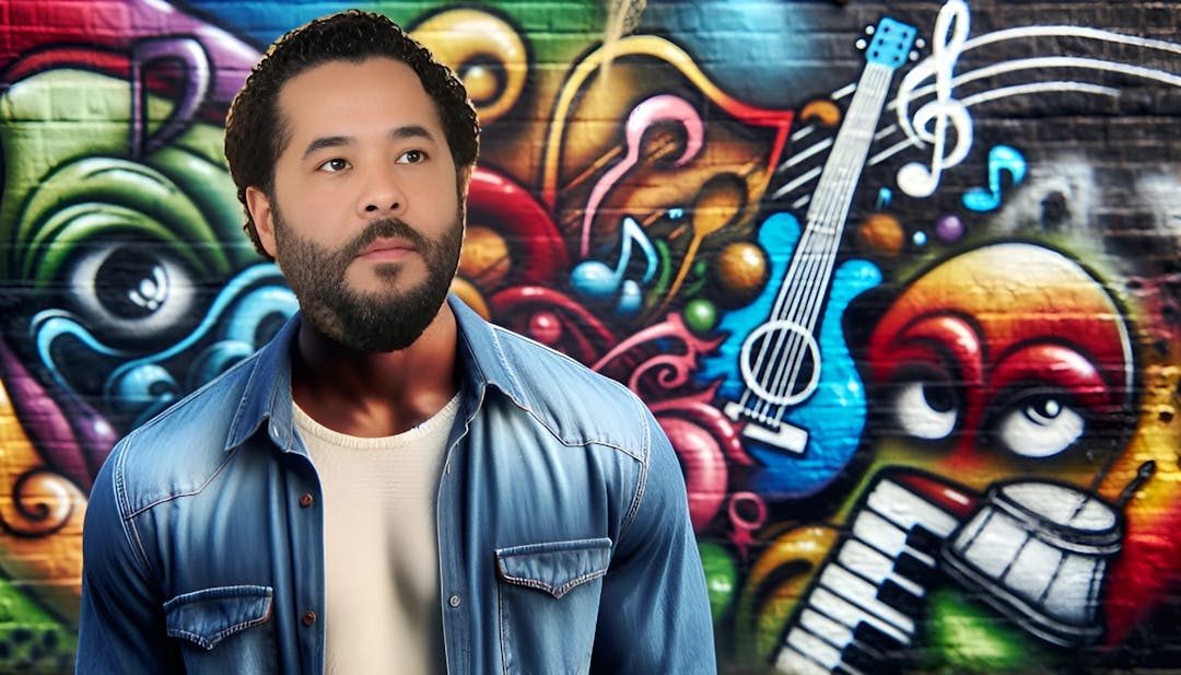 Adel Tawil, músico do sexo masculino com tom de pele escuro, em pé contra uma parede de grafite vibrante, parecendo confiante e relaxado. Notas musicais e instrumentos são incorporados ao fundo, destacando sua carreira de sucesso na música.