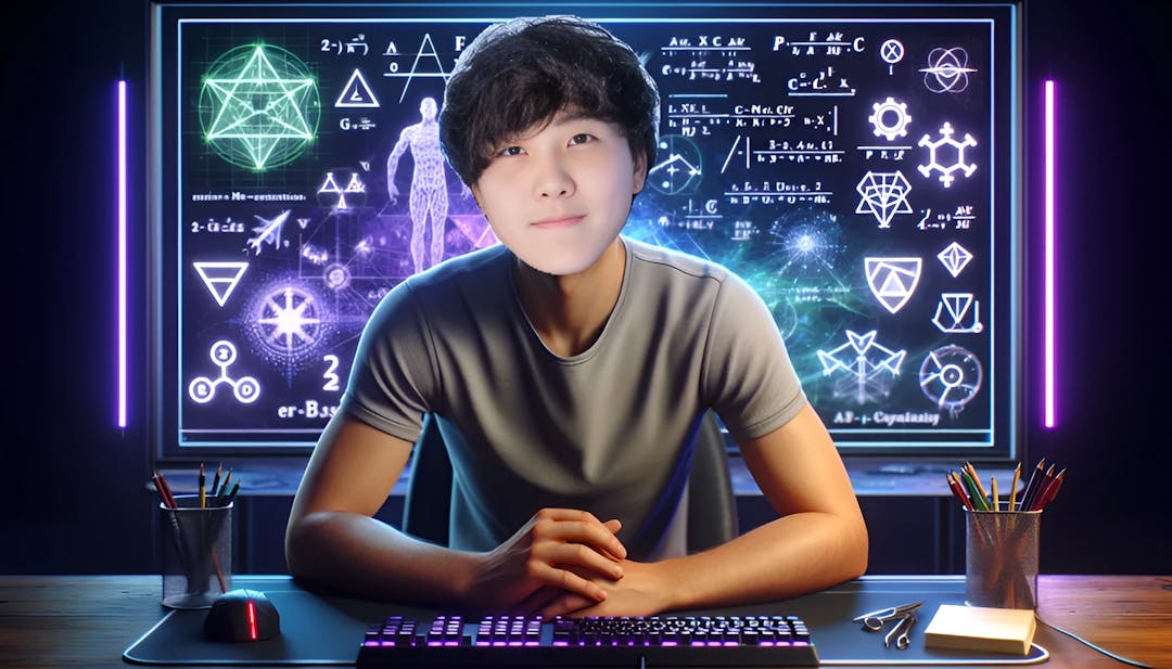 Sykkuno, a male content creator with fair skin and an average body type, posing confidently with a subtle smile in a gaming-themed backdrop with mathematical symbols and League of Legends references, set in a modern and vibrant environment.