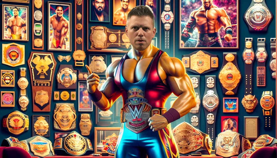 The Miz, a mesomorphic male wrestler with a well-defined physique, surrounded by wrestling memorabilia in a vibrant setting, exuding confidence and charisma.