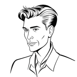 Line art drawing of a man, representing Sidney Friede, illustrating his love for geography, distinctive hairstyle, entrepreneurial pursuits in fashion, and learning to drive, against a white backdrop.