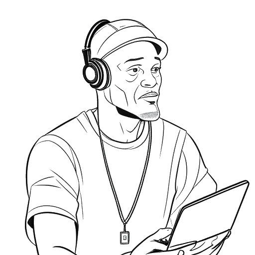 Line art drawing of a man, representing Sidney Friede, transitioning from professional football to digital entrepreneurship, gaining a large following on Twitch and YouTube, against a white backdrop.