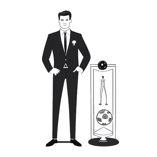 Line art drawing of a tall man, representing Sidney friede, wearing a football jersey and business suit simultaneously. He has a football at his foot, holding a YouTube plaque, while standing next to a fashion clothing rack on a white backdrop.