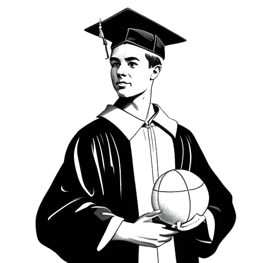 Line art drawing of a young man, representing Sidney Friede, in a graduation cap and gown, holding a football.