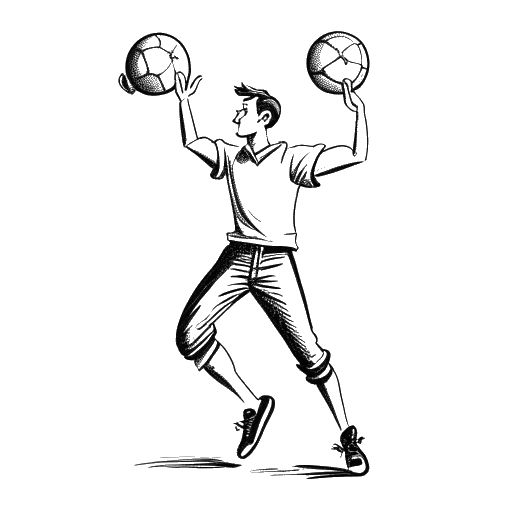 Strichzeichnung eines Mannes, der Sidney Friede repräsentiert, der einen Fußball und ein Buch jongliert.