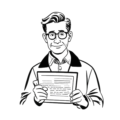 Line art drawing of a man, representing Sidney Friede, holding a driver's license and a book.