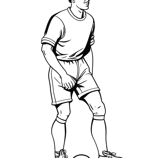 Strichzeichnung eines Mannes, der Sidney Friede repräsentiert, der einen Fußball mit bandagiertem Knie und Knöchel hält.