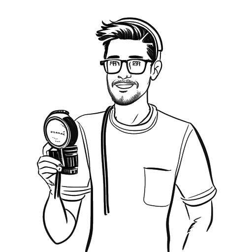 Strichzeichnung eines Mannes, der Sidney Friede repräsentiert, der ein Mikrofon und eine Videokamera hält.