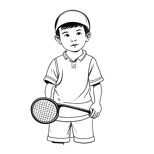 Strichzeichnung eines jungen Jungen, der Sidney Friede repräsentiert, der eine Fußballuniform trägt und einen Tennisschläger hält.