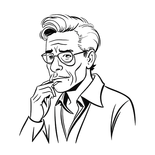 Line art drawing of a charismatic creator, representing <PersonName>, deeply engaged with mysterious narratives, all presented on a white backdrop.