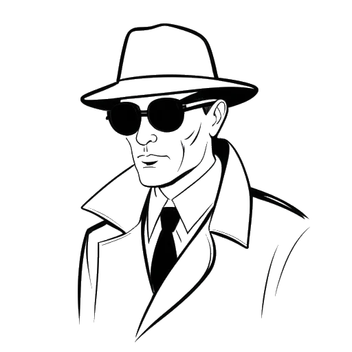 Desenho de arte de linha de um homem usando chapéu, óculos escuros e um sobretudo, representando a foto de perfil 'Agente Secreto' de DaFuq!?Boom
