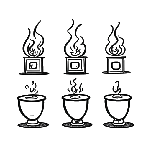 Desenho de arte de linha de quatro vasos sanitários com símbolos de fogo, representando os 'episódios de fogo' altamente aguardados 73, 74, 77 e 80