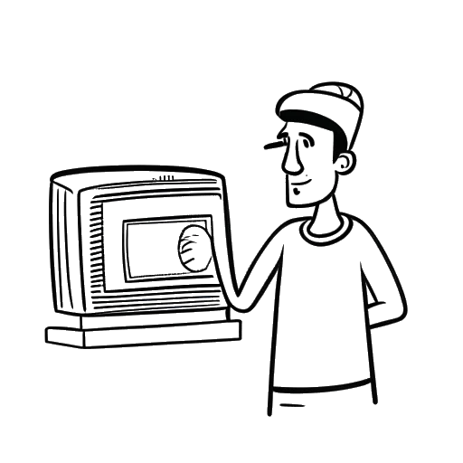 Desenho de arte de linha de um homem com uma micro-ondas como cabeça e sem roupas, representando o novo personagem 'Homem de Micro-ondas Pelado'