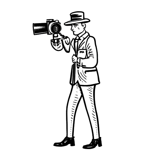 Disegno in bianco e nero di un uomo con una telecamera con uno sturalavandini, che rappresenta il possibile ritorno del cineoperatore sturalavandini