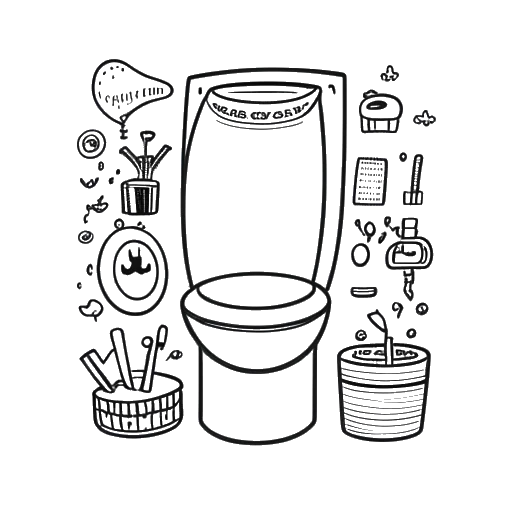 Disegno in bianco e nero di un wc con un fumetto contenente vari simboli, che rappresenta la capacità dei Bagni Scabi di parlare tutte le lingue terrestri