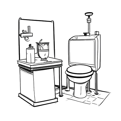 Dibujo de un inodoro con equipamiento de laboratorio y un abrigo de laboratorio, representando el proyecto de inodoro científico inacabado en el episodio 71