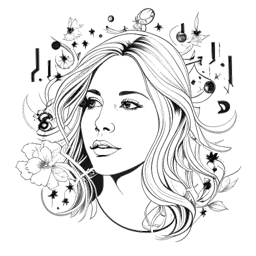 Lijntekening van Ellie Goulding omringd door muzieknoten en symbolen, die haar artistieke evolutie vertegenwoordigen.