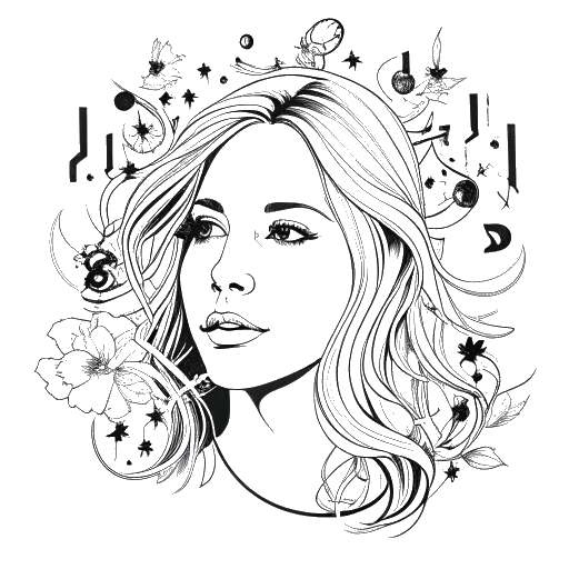 Disegno in bianco e nero di Ellie Goulding circondata da note musicali e simboli, rappresentando la sua evoluzione artistica.