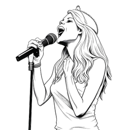 Line art drawing of Ellie Goulding holding a microphone, standing on a stage with a crown above her.