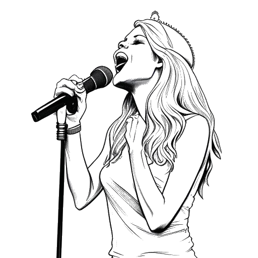 Line art drawing of Ellie Goulding holding a microphone, standing on a stage with a crown above her.