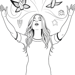 Desenho em arte linear de Ellie Goulding se abraçando com os braços abertos, cercada por símbolos de conscientização sobre saúde mental.