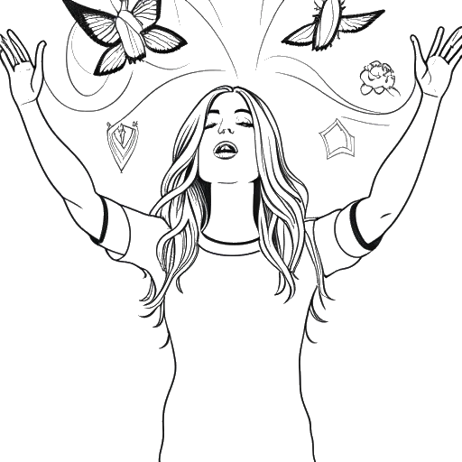 Desenho em arte linear de Ellie Goulding se abraçando com os braços abertos, cercada por símbolos de conscientização sobre saúde mental.