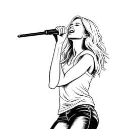 Dessin en noir et blanc d'Ellie Goulding se produisant sur scène avec des lumières vives et un public enjoué.