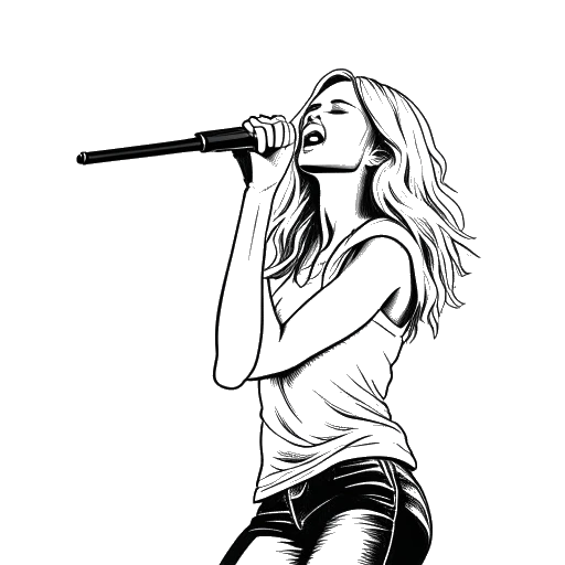 Disegno in bianco e nero di Ellie Goulding che si esibisce su un palco con luci accese e un pubblico che applaude.