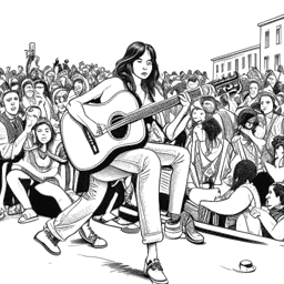 Line art drawing of a woman with a guitar, representing Ellie Goulding, performing on a street surrounded by a crowd.