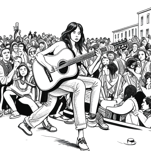 Line art drawing of a woman with a guitar, representing Ellie Goulding, performing on a street surrounded by a crowd.