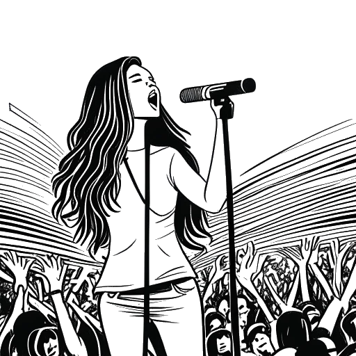 Desenho em arte linear de uma mulher representando Ellie Goulding, com cabelos longos, segurando um microfone com confiança em um palco. O cenário apresenta notas musicais vibrantes, holofotes e uma plateia aplaudindo, tudo contra um fundo branco.
