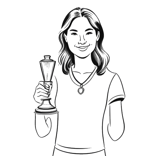 Line art drawing of a young woman, representing Ellie Goulding, holding the BBC Sound of 2010 poll award and the Brit Awards' Critics' Choice Award.