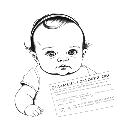 Dibujo de línea de una bebé niña, que representa a Ellie Goulding, con un certificado de nacimiento que lee Elena Jane Goulding.