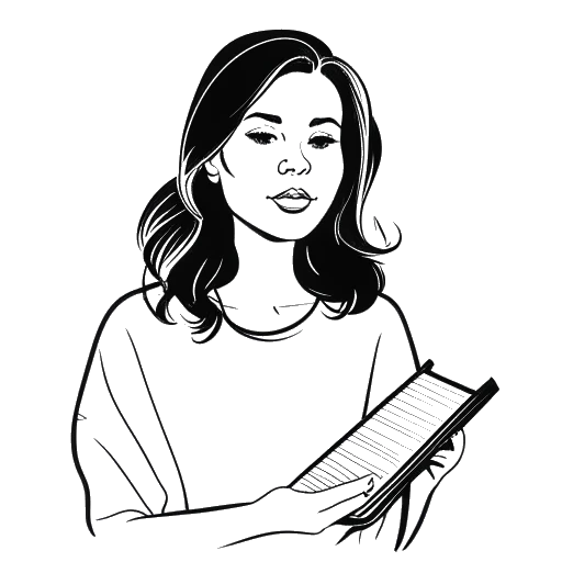 Line art drawing of a woman, representing Ellie Goulding, holding the album cover for Brightest Blue.