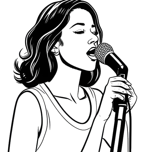 Desenho em arte de linha de uma jovem mulher, representando Ellie Goulding, segurando um microfone e a capa do álbum Lights.