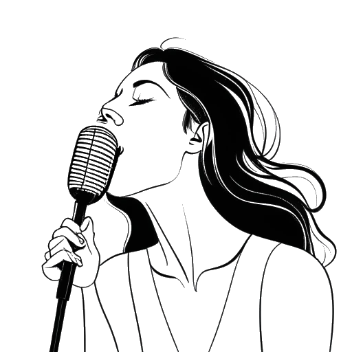 Line art drawing of a woman, representing Ellie Goulding, singing into a microphone, with sound waves depicting her distinctive soprano voice with high piercing vibrato and breathy tone.