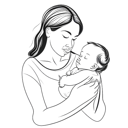 Lijntekening van een vrouw, die Ellie Goulding vertegenwoordigt, die een baby vasthoudt.