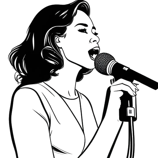 Desenho em arte de linha de uma mulher, representando Ellie Goulding, segurando um microfone e a capa do álbum Higher Than Heaven.