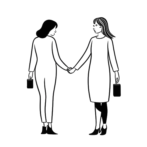 Desenho em arte de linha de uma mulher, representando Ellie Goulding, de mãos dadas com outra mulher, com o logo do Projeto Marylebone por perto.